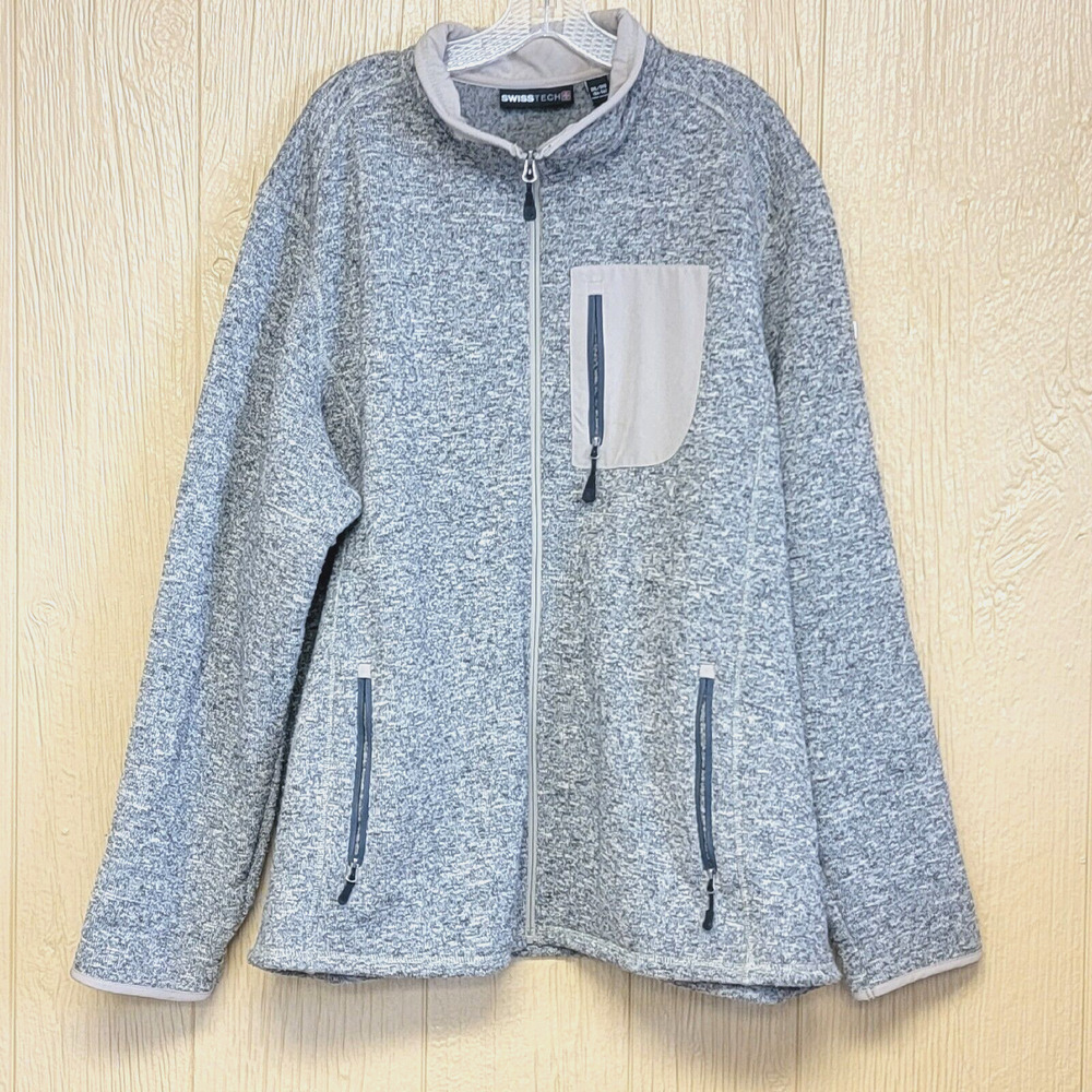 Swiss Tech Mens Sweater Jacket sz 3XL (54-56) Gray Tan Fleece Pockets
